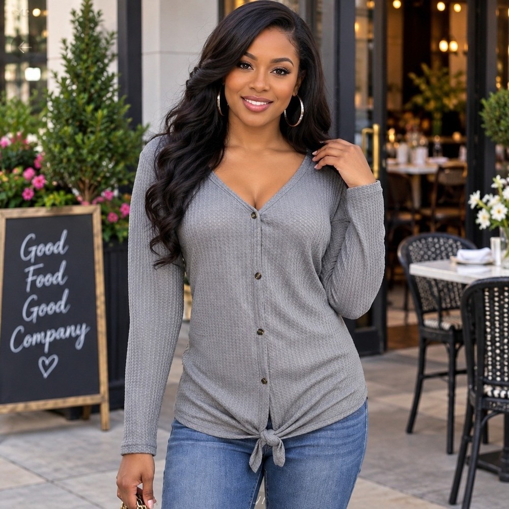 Cardigan Women 2X Plus Size ‎ Gray Waffle Gray Button Down Women